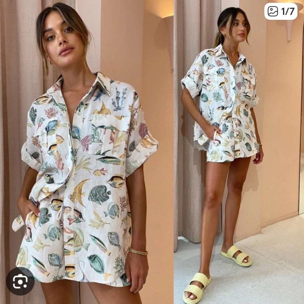 Alemais Top And Short Bottom Set Fish Sea Life Ocean Print Linen Button Down